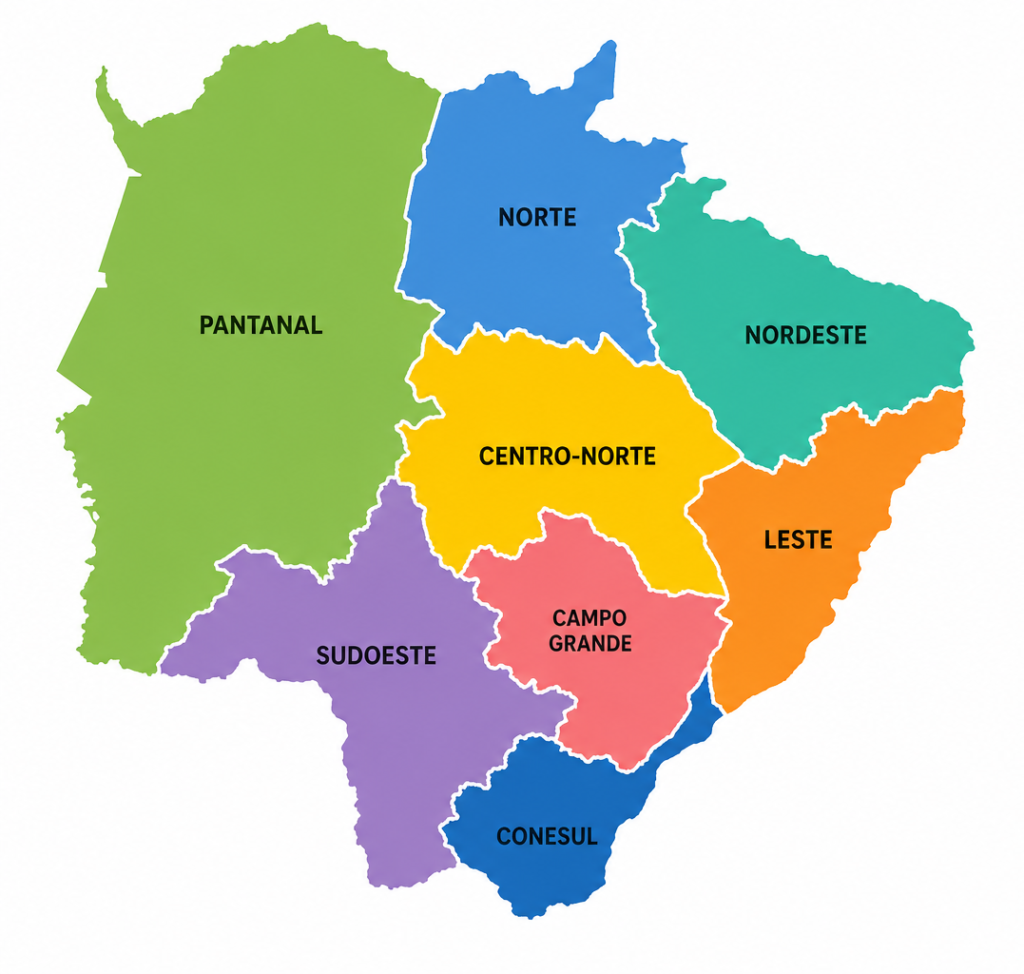 Mapa de Mato Grosso do Sul e regiões de fiscalização